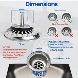 FIXCITI 78mm Sink Plug strainer - SS 304 Sink Plug Replacement with 4 Silicon Rubber Seals, Kitchen Sink Plug (Pack of 2) - Dual Functional Kitchen Sink Strainer plug for Food Waste/Hair Catcher