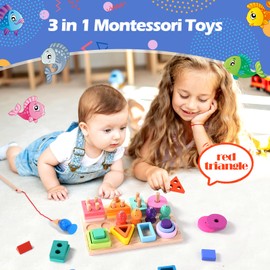 Hoiloie Montessori Toy from 1 Year, Wooden Toy & Stacking Toy, 3-in-1 Colour Recognition Shape Sorter Fishing Game, Educational Toy Gift for 123 Years Toddler Girls Boys