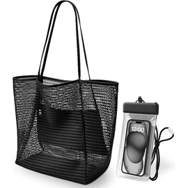 Bolsa de Playa de Malla para Mujer con Bolsillo con Cierre e Incluye Funda Impermeable para Celular – Bolsa Plegable y Reutilizable para Verano, Vacaciones, Picnic, Viajes y Gimnasio