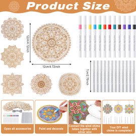 Potchen 18 Sets Mandala Wind Chimes Craft Art Kit for Adult Color Your Own Wind Chime DIY Unfinished Wood Hanging Ornaments Coloring Wind Chime for Adult Gifts Home and Party Supplies