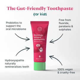 Gutology Kids Natural Probiotic Hydroxyapatite Toothpaste 75 ml Fluoride Free Toothpaste Remineralising Enamel Repair Suitable for Children 2+ Helps Sensitive Teeth Whitening - Wild Strawberry Flavour