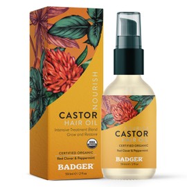 Badger Organic Castor Hair Oil for Thicker Fuller Looking Hair, 100% Organic Castor Oil for Hair Growth & Restoration, Red Clover & Peppermint, Deep Hydrating Hair Oil, 2 fl oz Glass Bottle