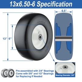 Cubesprings 13x6.50-6 Lawn Mower Tires, 13x6.50-6 Tires Flat Free Zero Turn Front Tires with 3/4", 5/8" and 1/2" Bearings, 5.5"- 7.5" Centered Hub, Compatible with Lawn Mower Garden Tractor - 2Pack