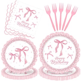 Bicuces 84 Pcs Pink Bow Party Decorations Girls Bow Birthday Decorations Includes Pink Birthday Decorations Plates Napkins Baby Shower Bridal Shower Bachelorette Party Tableware Dinnerware Decor