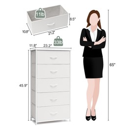 Crestlive Products Vertical Dresser Storage Tower - Sturdy Steel Frame, Wood Top, Easy Pull Fabric Bins - Wide Organizer Unit for Bedroom, Hallway, Entryway, Closets - 5 Drawers(White)