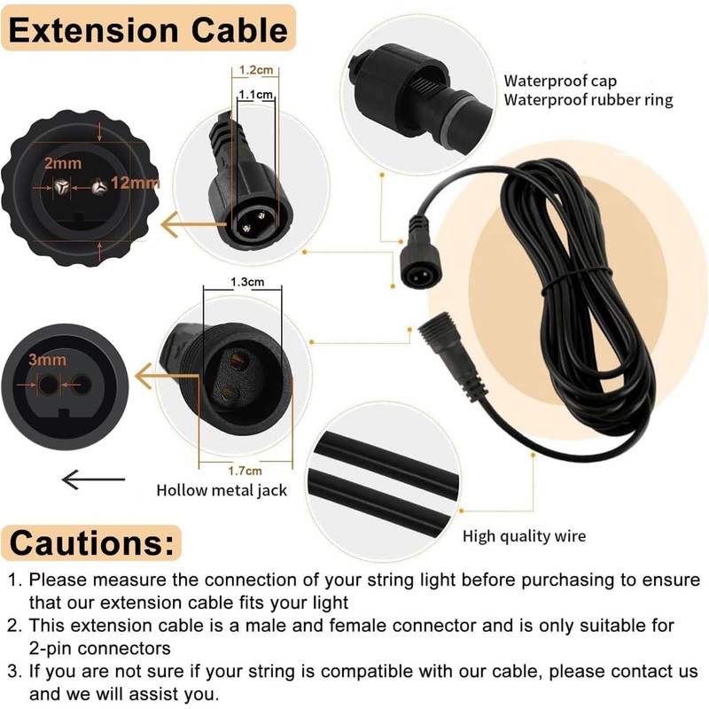 Bexdir Waterproof Extension Cable 2Pin,16AWG Extension Lead Waterproof Cord,IP68 Extension