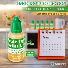 Qualirey 12 Pack Fruit Fly Trap Refill Liquid, 0.68oz Per Bottle Liquid Fruit Fly Traps for Indoors, Non Toxic Bait Safe Near Pets, Food and Kids, Lure Refill for Home Kitchen