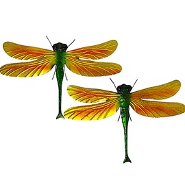 Inelkas Set of 2 Dragonfly Metal Garden Decor Fence Wall Outdoor Indoor Home Office Room Decoration Ornament 17.5" x 12" (Yellow & Green)