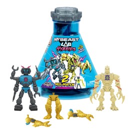 MRBEAST LAB Hybrids Multi Pack, Reveal Different Hybrid Parts to Create 2 Mix & Match Action Figures, Plus Parts of The Golden Panther Dragon, Fuse Beast Combinations, Lab-Bot vs GID Skeleton