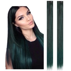 Clip In Human Hair Synthetic Hair Extension Highlights Streaks (2, Green Black - 20 inch)