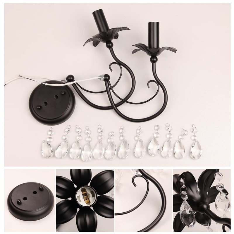 Crystal Wall Sconce,2- Lights Vintage Candle Wall Sconces,Black Wall Lamp,
