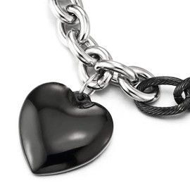 COOLSTEELANDBEYOND Silver Black Stainless Steel Rolo Chain Bracelet with Dangling Puff Heart, High Polished(CA)