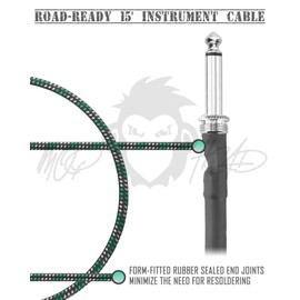Mophead 15-Foot Guitar Instrument Cable - 1/4 Inch TS to 1/4 Inch TS Right Angle Pro Grade Double Insulated Tweed Braided for Electric Guitar, Bass, Amp, Keyboard (Black, Green and White)