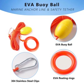 64ft Heavy Duty Floating Boat Rope with Buoy Float - Marine Tow Line, Drift Anchor Leash & Stainless Steel Hook for Kayak, Jet-Ski, PWC Boat Accessories - Anchor Marker Buoy, Drift Sock Harness