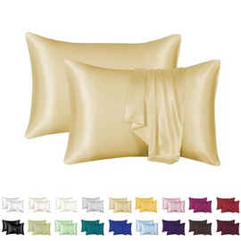 Luxurious Silky Satin Pillowcase for Hair and Skin - Set of 2 - Vegan Friendly - Standard Size - Silk Satin - Super Soft and Smooth, Cooling - Vegan (Gold)