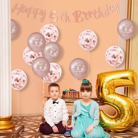 Girls Happy 5th Birthday Banners Rose Gold Happy 5th Birthday Banner Bunting Including 12 Pack 12” Latex Printed Balloons Girls Decorations Supplies