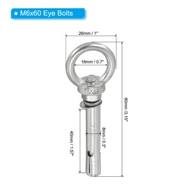 PATIKIL Expansion Eye Bolt M6x60mm, 6 Pack 304 Stainless Steel Shoulder Anchors Eyebolt Screw with Eye Ring for Concrete Brick Walls Canopy Engineering Rigging Silver