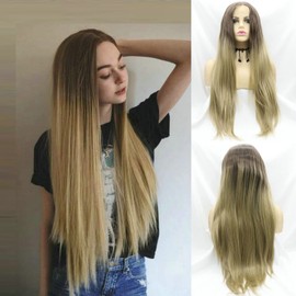 Natural Hairline Brown Blonde Lace Front Wigs for Drag Queen Straight Long Synthetic Hair Female Cosplay Natural Look Wig 26 Inches
