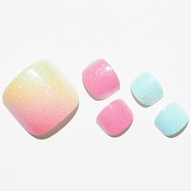 GLAMERMAID Press on Toenails, Colorful Pink Ombre Gel Glue on Toe Nails, Glossy Toe Nails Reusable UV Finish Fake Nails Acrylic False Nails Manicure Kits for Women