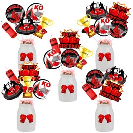 JOYMEMO 24 Pieces Boxing Birthday Centerpiece Sticks Red Black - Boxing Match Birthday Party Decorations, Boxer Gloves Boxing Platform Table Centerpieces Double-sided for Wrestle Fitness Sports