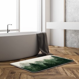 ZNLSU Misty Forest Bath Mat Green Watercolor Pine Trees Abstract Foggy Jungle Mountain Rustic Nature Scenery Landscape Bathroom Decor Rug Absorbent Doormat Kitchen Toilet Floor,17.7x29.5 Inch