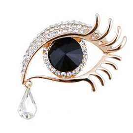 FASELE Angel Tears Brooch Pins, Elegant Rhinestone Sapphire Big Eyes Alloy Long Eyelashes Corsage Breastpin for Women Jewelry Gold＋Black
