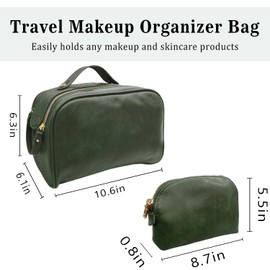 2 Pcs Travel Makeup Bag, Large Cosmetic Bags for Women, Waterproof Portable Pouch Open Flat Make up Organizer Bag with Compartments and Handle, Compact Toiletry Bag for Essentials, Green