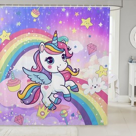 Feelyou Cute Unicorn Shower Curtain Rainbow Fabric Shower Curtain for Kids Boys Girls Decor Starry Bathroom Waterproof Accessories with 12 Hooks Microfiber Fancy Curtains Bedroom,72x72 Inches