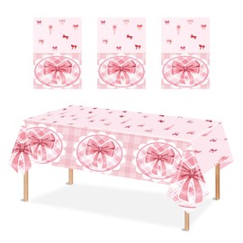 Dmnnlp 3pcs Pink Bowknot Table Cloth, 180x108cm Pink Party Dining Tablecloth Plastic Table Cover for Girls Women Birthday, Baby Shower, Wedding, Kids Party Decorations