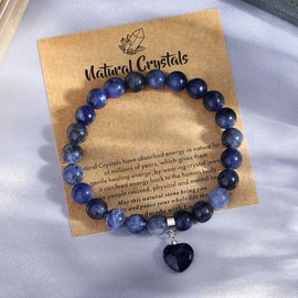 MAIBAOTA Blue Sodalite Bracelet, 8 mm Stone Beaded Bracelet for Women, Love Heart Charm Bracelet, Stone Jewelry Gifts for Christmas Anniversary Valentine's Day