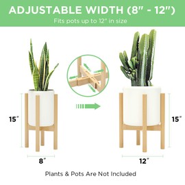 Adjustable Plant Stand, 8 to 12 inches, Bamboo Mid Century Modern Plant Stand, 15 inches in Height, Indoor Plant Stand, Fit 8 9 10 11 12 inch Pots, Pot & Plant Not Included, Natural