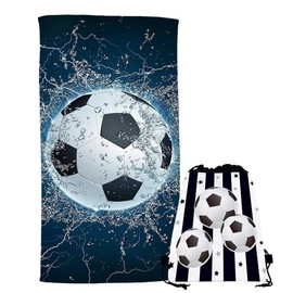 SYTTNUM Fußballmuster Strandtuch, Fußball Kordelzug Tasche, Strandtücher mit Kordelzug Tasche, Badetuch für Fußballfans, für Schwimmen, Surfen, Bad, Pool, Fitnessstudio, 2pcs