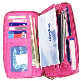 Faux Leather Wallet Zip Around clutch Passport Wallet with Check Book Holder Fuschia