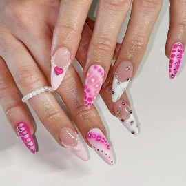 24Pcs French Tip Press on Nails Medium Almond Fake Nails with 3D Pearl Heart Rhinestones Design Irregular Pink White Gradient False Nails Glossy Glue on Nails Y2K Style Stick on Nails for Women Girls