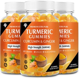 3 Packs Turmeric Gummies for Adults with Ginger & Black Pepper Extract Supports Bone, Immune & Digestive Health- Vegan, Gluten Free, Low Sugar
