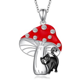 Alphm Black Cat Mushroom Necklace for Women 925 Sterling Silver Mushroom Charms Cat Jewelry Gift for Mom Daughter Girlfriends