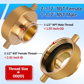 Fire Hydrant Hose Adapter, 2-1/2" NST (NH) Female x 1-1/2" NST (NH) Male Brass Fire Hose Hydrant Connector with Pin Lug, Fire Hydrant Adapter Fitting Nipple