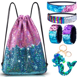 Mermaid Reversible Sequin Drawstring Backpack/Bag Iridescent Dotted Blue/Light Purple for Kids Girls