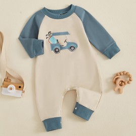 Infant Baby Boy Golf Outfit Crew Neck Embroidery Golf Cart Romper Jumpsuit Patchwork Long Sleeve One Piece Playsuit (Apricot, 6-12 Months)