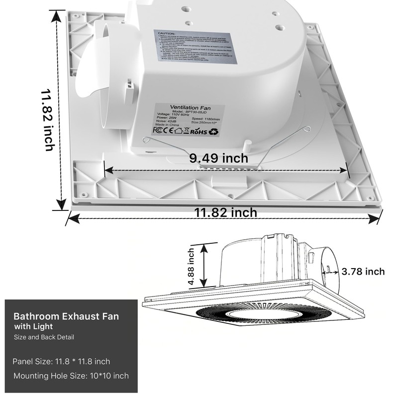 Bathroom 11.8IN Exhaust Fan with Light 165CFM 3CCT Shower Bathroom