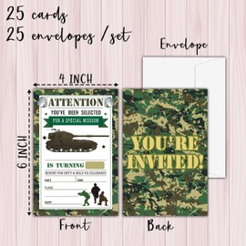 KFNER Army Birthday Invitations, Camo Birthday Party Invitation Card, Military Birthday Party Favors & Celebration Supplies (20 Set of Invitations with Envelopes) -D11