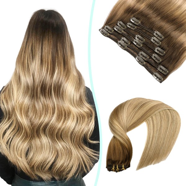 VINBAO 18 Inch Balayage Clip in Hair Extensions Human Hair Double Weft Ombre Brown Fading to Ash Brown Highlight with Medium Blonde Clip in Hair Extensions 6 Pcs 120 Gram Straight Clip in Extensions (#3/8/22-18Inch)