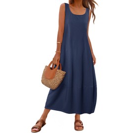 MEROKEETY Women's Casual Maxi Sundress 2025 Summer Beach Dress Scoop Neck Sleeveless Loose Tank Dress, Navy, X-Large