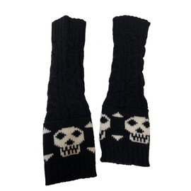 Ro Rox Pamela Mann Knitted Fingerless Gloves with Skull and Crossbones in Gothic Style, black