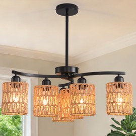 Povectolay Boho Hand Woven Chandelier, 6-Light Black Pendant Lights Kitchen Island Lighting, Rattan Lamp Shades, Rustic Dining Room Light Fixture for Living Room, Bedroom E26