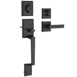 RAFECIEE Black Front Door Handle and Deadbolt Set, Front Door Lock Set, Exterior Door Lock Set with Single Cylinder Deadbolt, Reversible for Right & Left