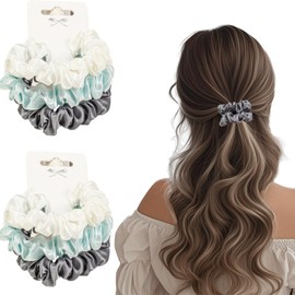 Flomiara Haargummis für Damen, Seidensatin-Haargummis, weich, einfarbig, elastisch, schmal, kleiner Pferdeschwanz-Halter mit elastischen Haarbändern für dickes, dünnes lockiges Haar, Grau, Blau, Weiß