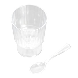 24 Clear 5 oz Disposable Ribbed Round Plastic Dessert Cups Spoon Set Wedding Party Event Receptions Decorations Supplies