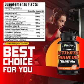 Activated Charcoal Capsules 7550mg - Extra Strength with Shilajit, Fennel, Peppermint Leaf & More - 90 Veggie Capsules - Gluten Free, Non-GMO