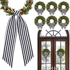 6 Pcs Easter Wreath Sash for Front Door, 5" W X 55" L Wreath Accessories for Christmas Party Yard Wall Doorway Outdoors Decoration (Black and White Stripe)